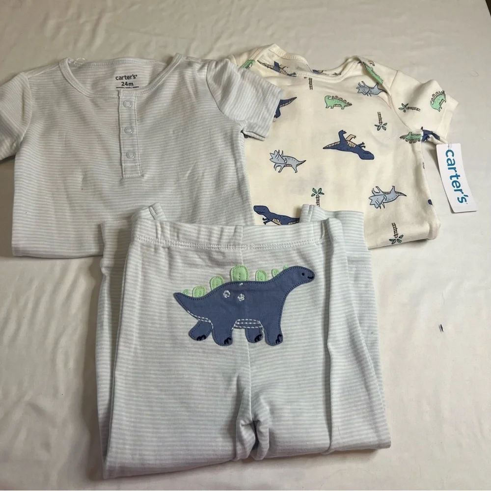 NWT Carter’s 3 Piece Dinosaur Pajama Set 24M Striped Cotton Blue White